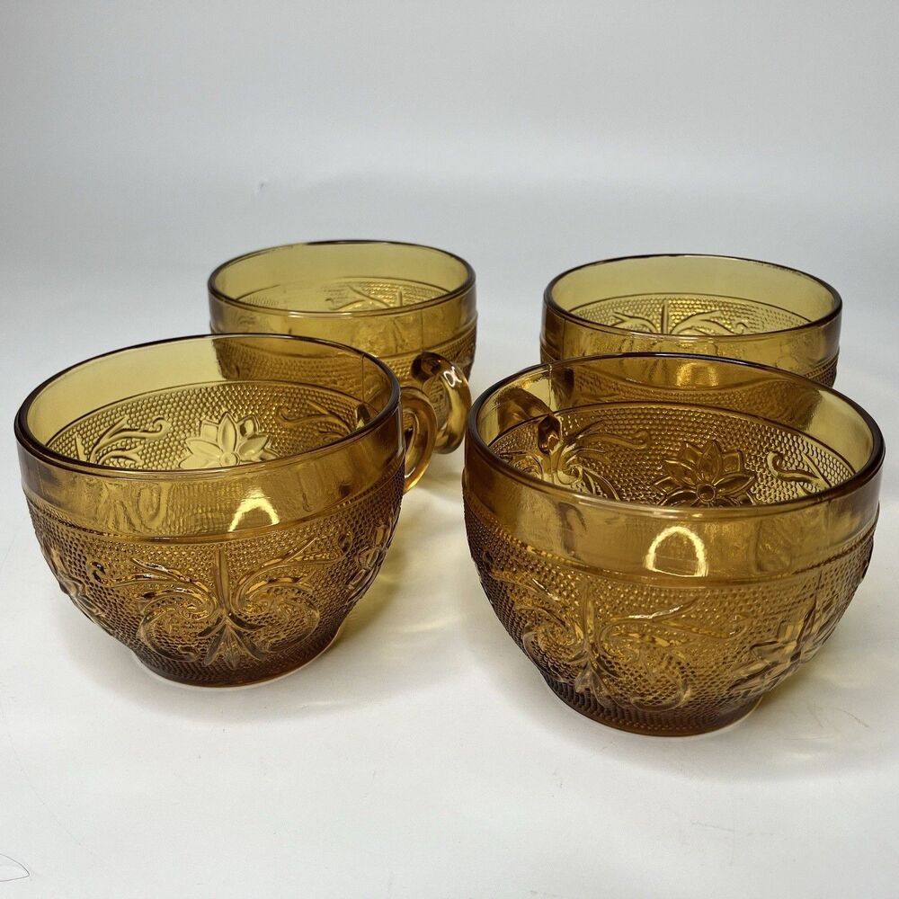 Indiana Glass Tiara Sandwich Cup Set 4 Amber Pressed Vintage 3x3.5" Coffee Tea